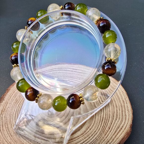 Handmade ✦ Tiger’s Eye Smoky Quartz Green Agate Bracelet ✦ 8mm Gemstone Beads - Picture 4 of 7